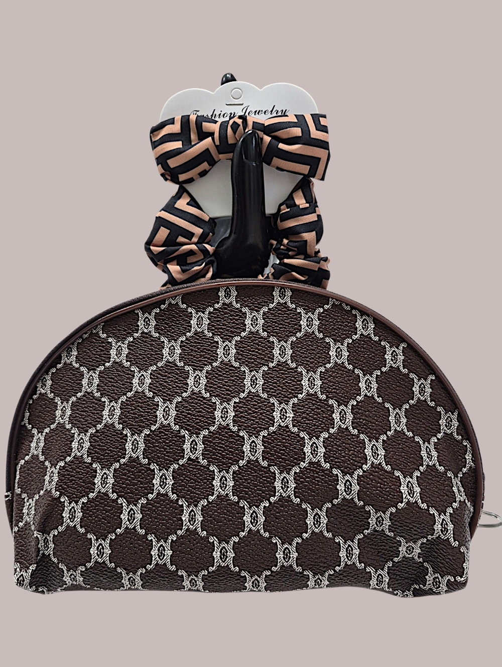 Brown & White Monogram Pouch with Bow & Scrunchie - 3 Pc. Set